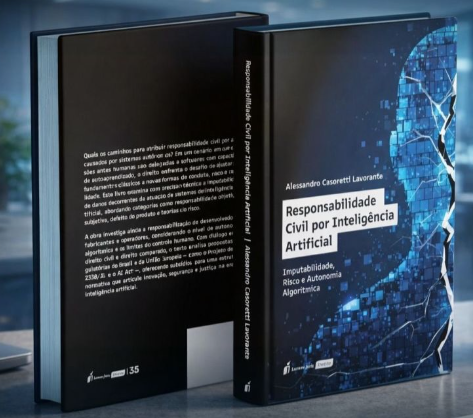 Mockup do livro Responsabilidade Civil por Inteligência Artificial — capa preta com ilustração ciano