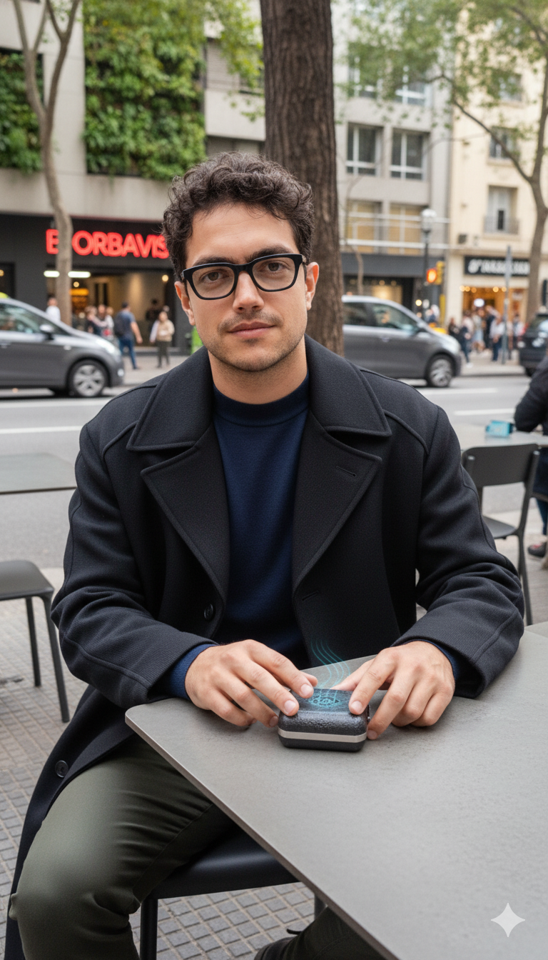 Alessandro Lavorante em café urbano europeu, casaco escuro